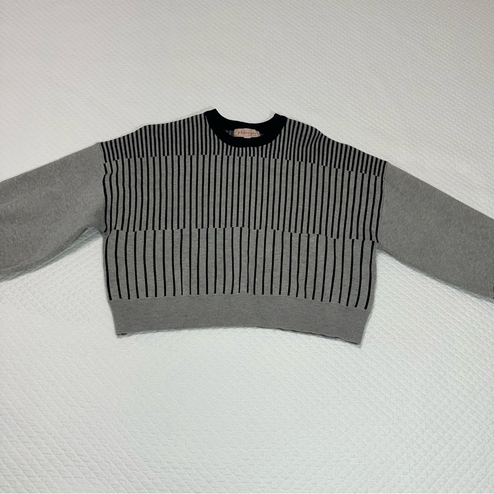 Philosophy Grey Crewneck Sweater with Black Stripe Accents Sz XS